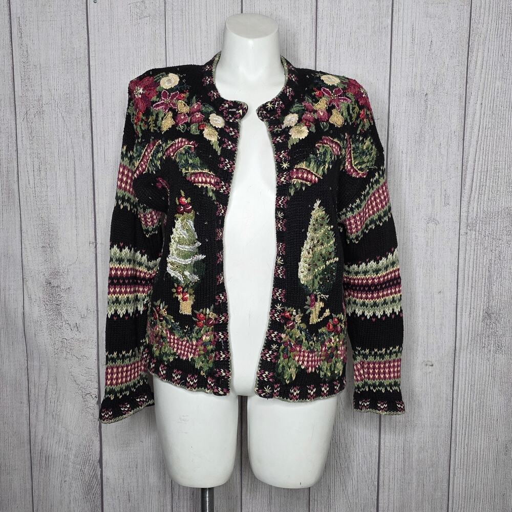 Heirloom Collectibles Christmas Tree Beaded Knit Cardigan Sweater, Large